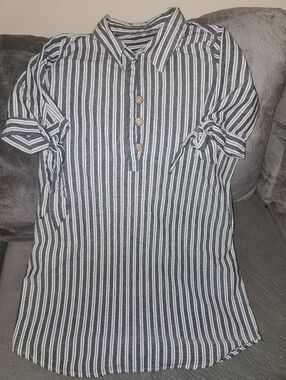 Gray and White Vertical Stripe Button-Pullover Dress